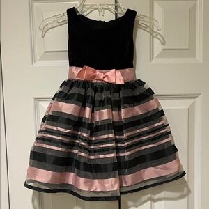 Charming Kids Dress with Black Velvet Bodice and Pink Striped Skirt